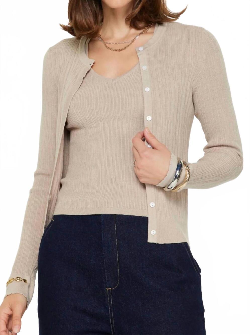 NEW CURRENT AIR ribbed cardigan with tank set in taupe
